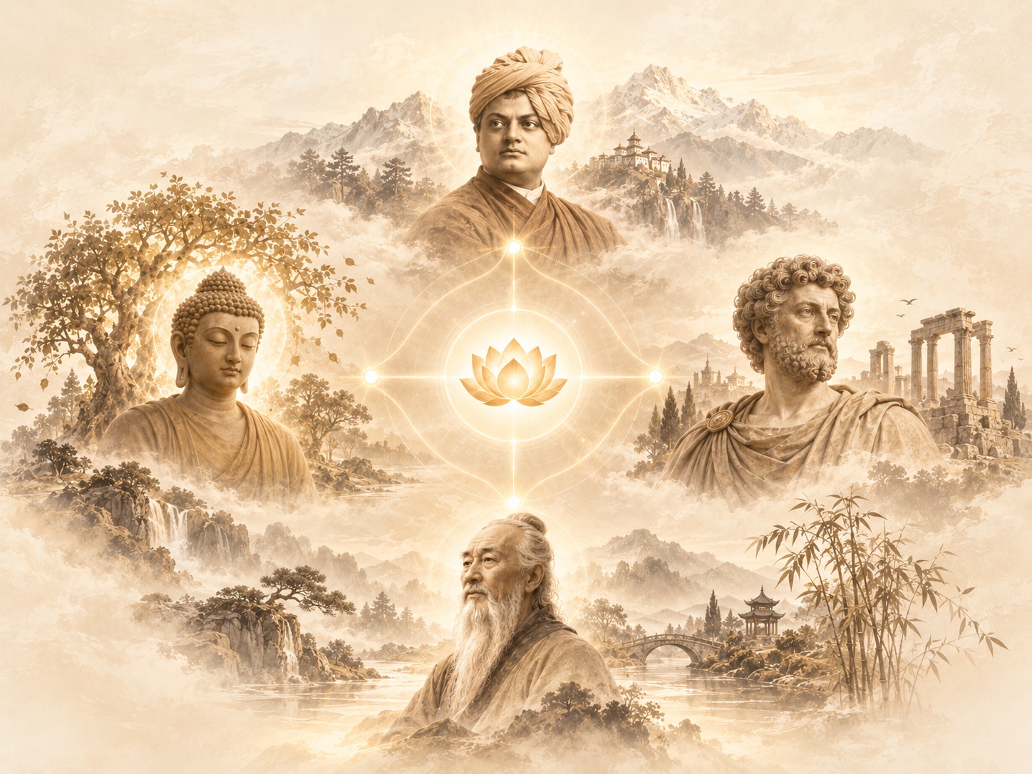 Swami Vivekananda above, Marcus Aurelius to the right, Lao Tzu below and the Buddha to the left of a golden lotus